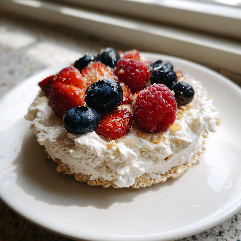 Greek yogurt and mixed berries layered on Subtle Snacks protein rice cakes
