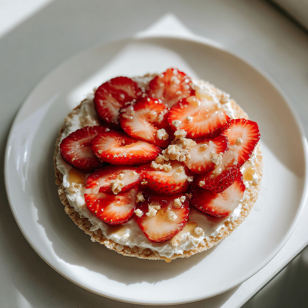 Cream cheese and sliced strawberries on Subtle Snacks protein rice cakes with granola