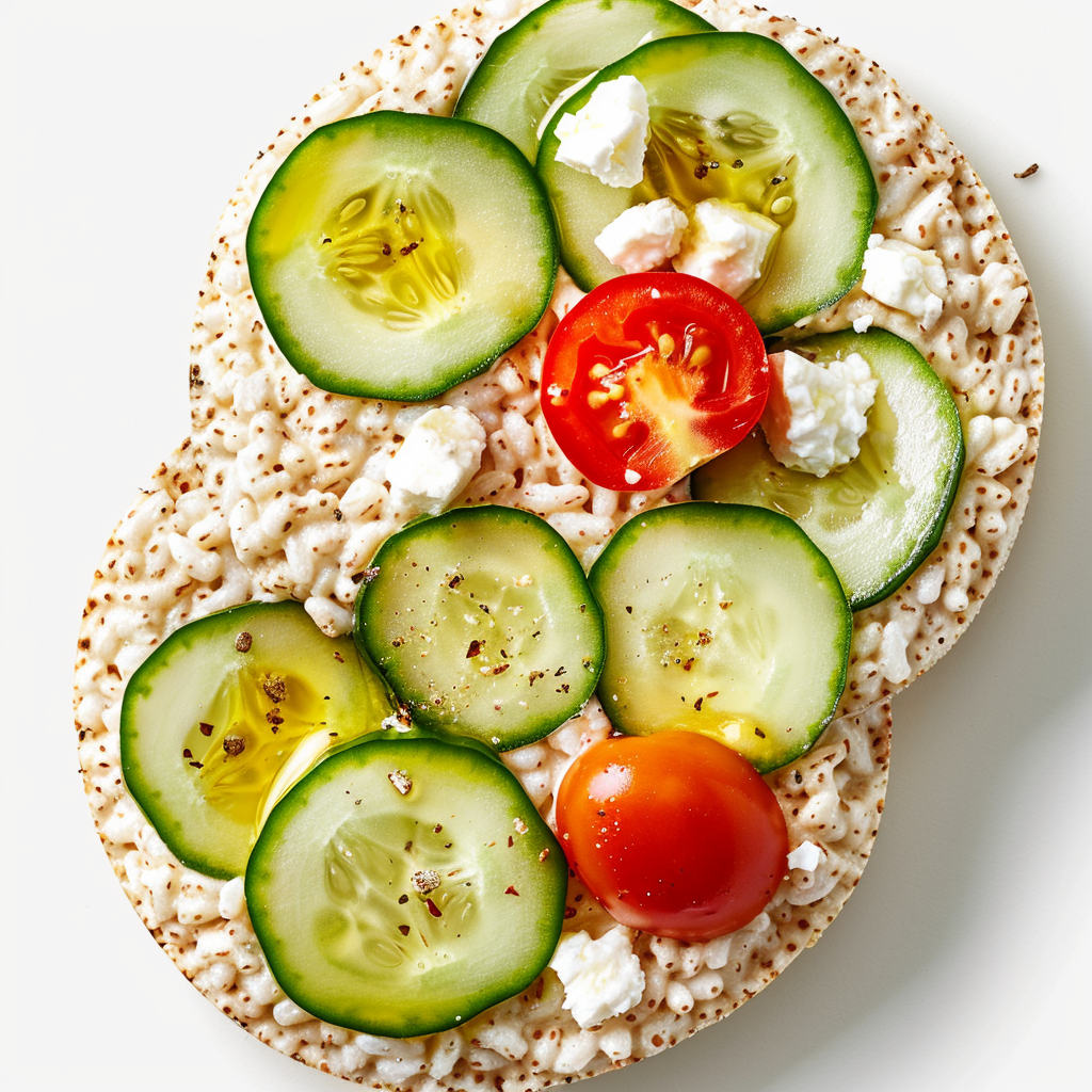 Hummus, cucumber, cherry tomatoes and feta on Subtle Snacks protein rice cakes