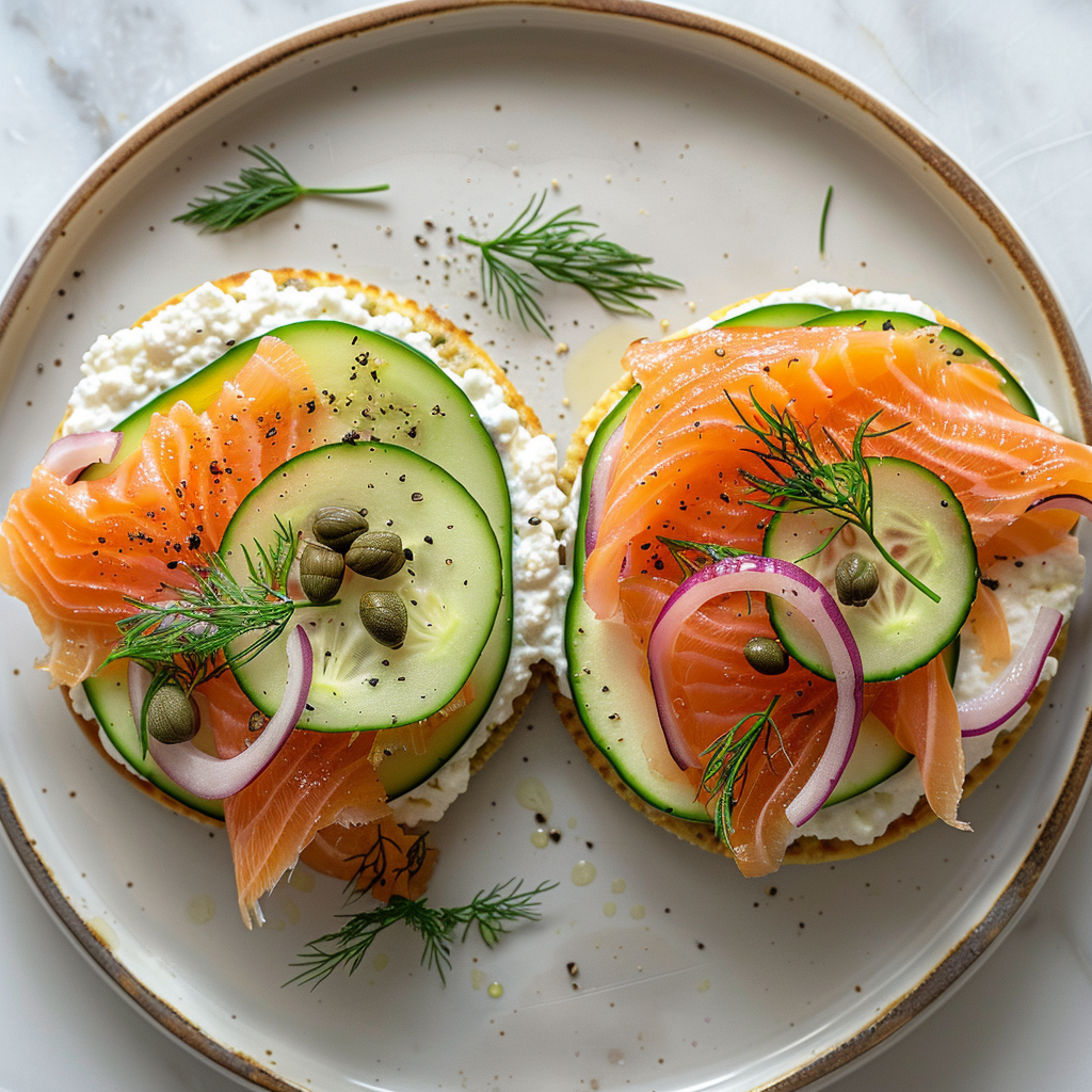 Smoked salmon, cottage cheese, cucumber and capers on Subtle Snacks protein rice cakes