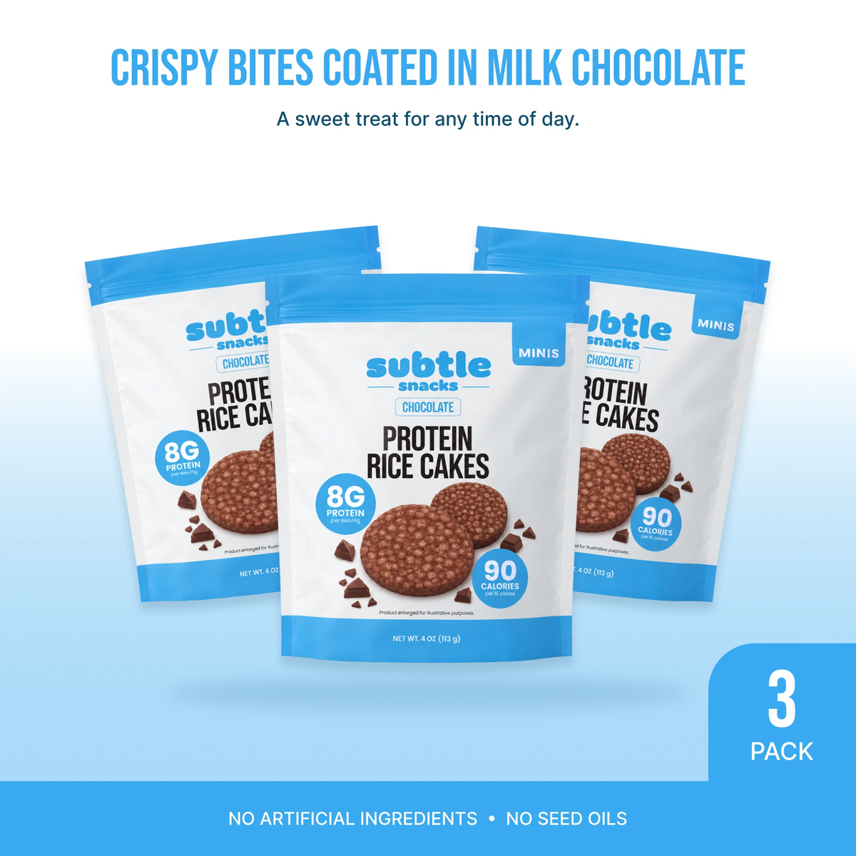Subtle Snacks Chocolate Protein Rice Cake Minis, 3 pack of 4 oz bags, crispy bites coated in milk chocolate