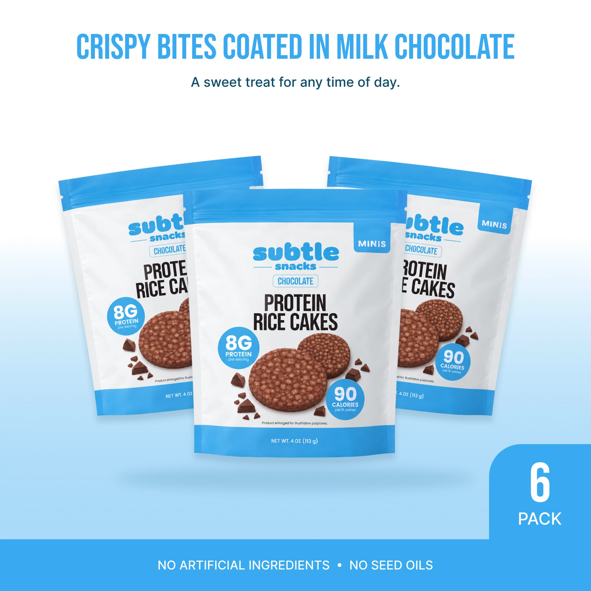 Subtle Snacks Chocolate Protein Rice Cake Minis, 6 pack of 4 oz bags, crispy bites coated in milk chocolate