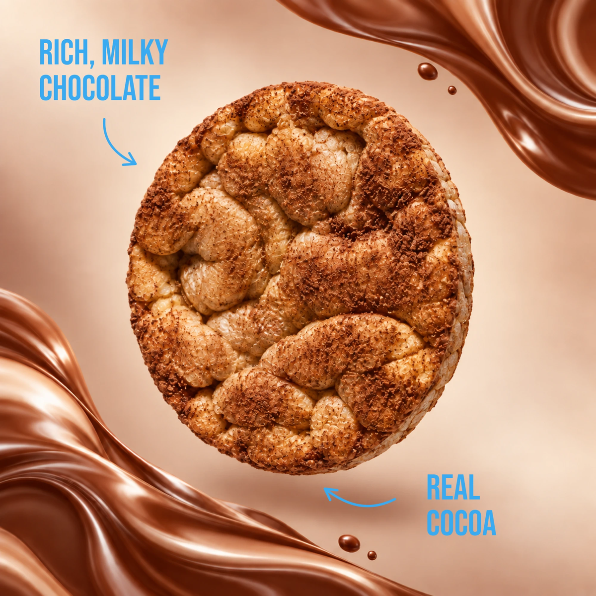 Close-up of a Subtle Snacks Chocolate Protein Rice Cake Mini: rich, milky chocolate made with real cocoa