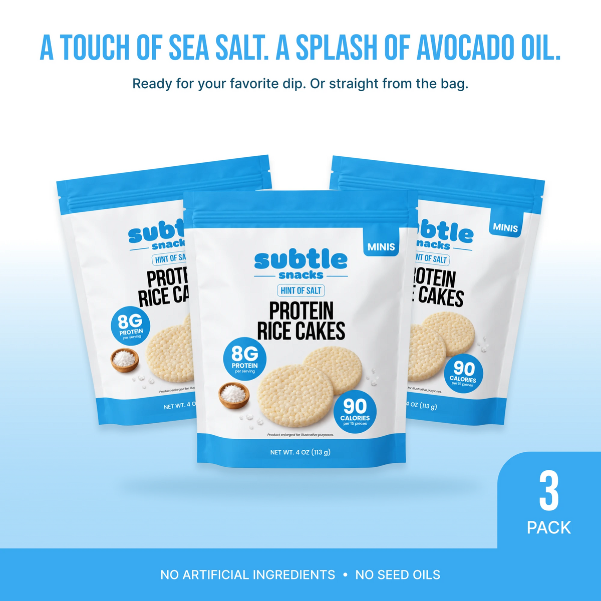 Subtle Snacks Hint of Salt Protein Rice Cake Minis, 3 pack of 4 oz bags