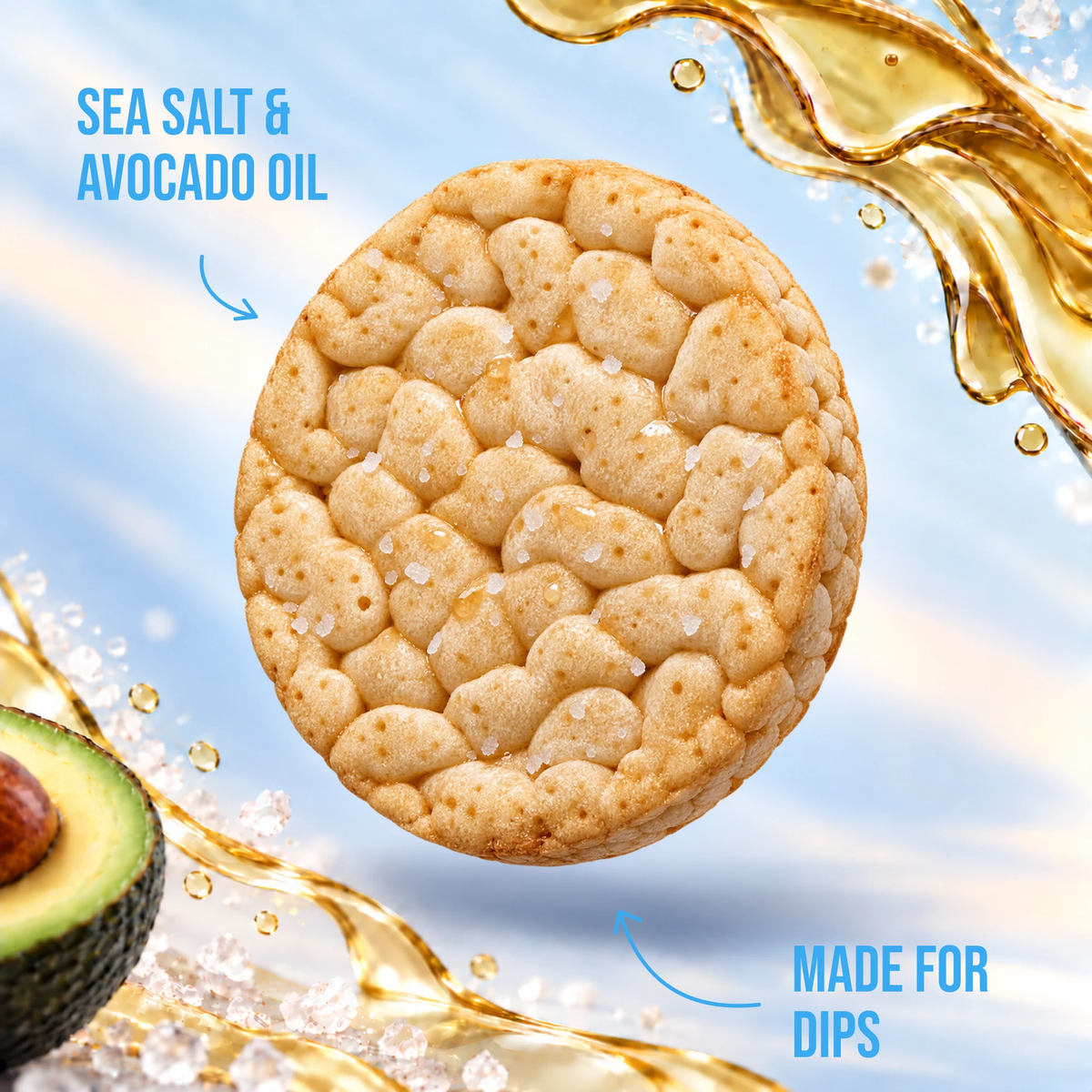 Close-up of a Subtle Snacks Hint of Salt Protein Rice Cake Mini with sea salt and avocado oil, made for dips