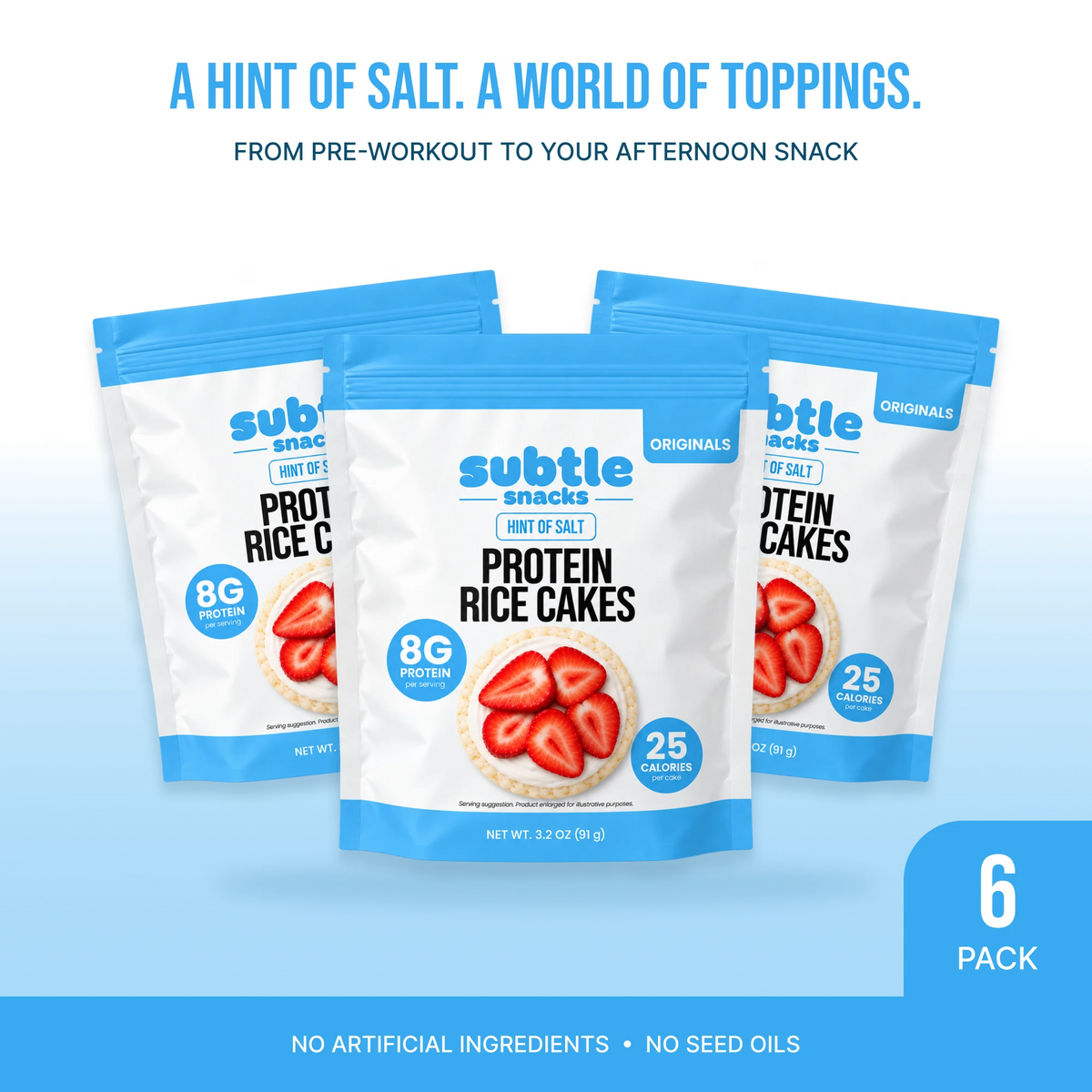 Subtle Snacks Hint of Salt Protein Rice Cake Originals, 6 pack of 3.2 oz bags