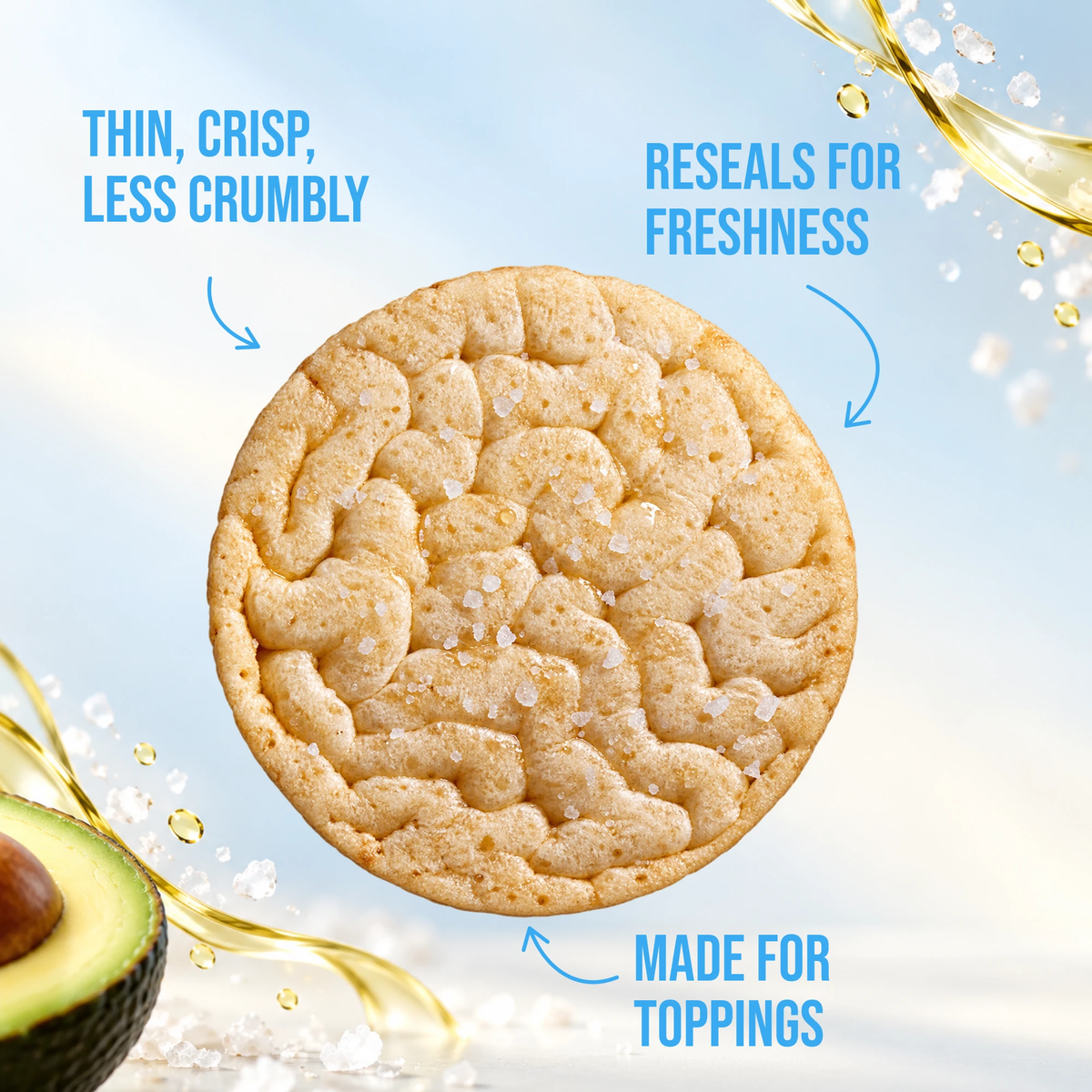 A Subtle Snacks Hint of Salt protein rice cake: thin, crisp and less crumbly, reseals for freshness, made for toppings