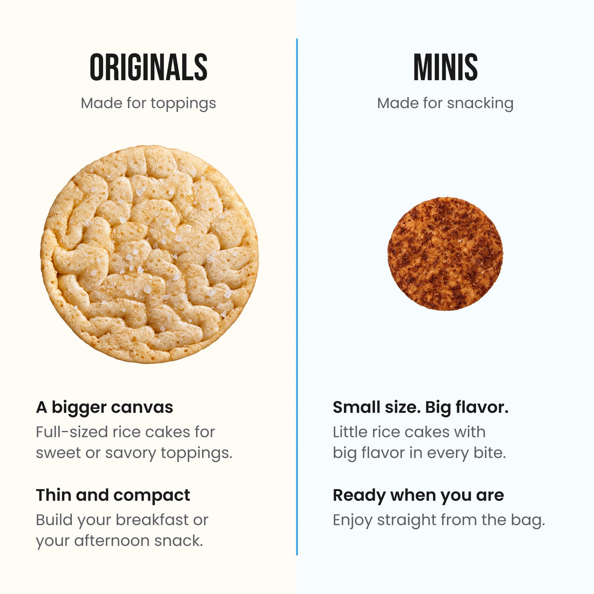 Subtle Snacks protein rice cakes compared: full-size Originals made for toppings and bite-size Minis made for snacking