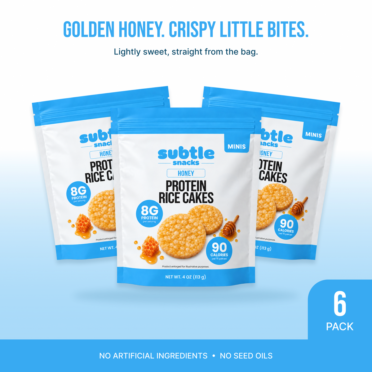 Subtle Snacks Honey Protein Rice Cake Minis, 6 pack of 4 oz bags