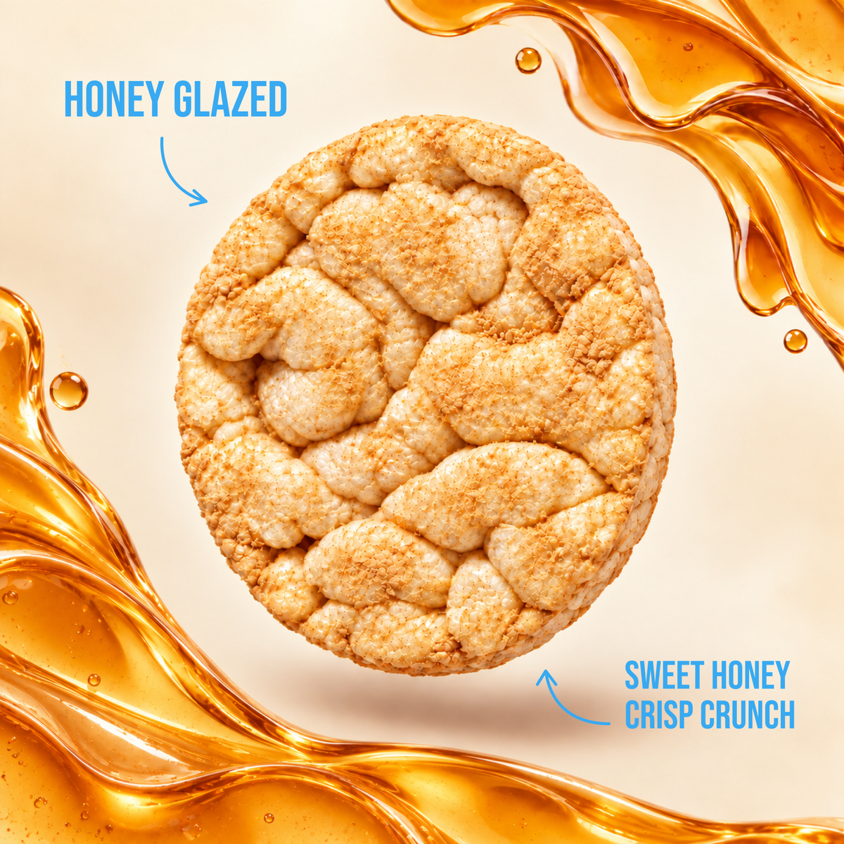 Close-up of a Subtle Snacks Honey Protein Rice Cake Mini: honey glazed, sweet honey and crisp crunch