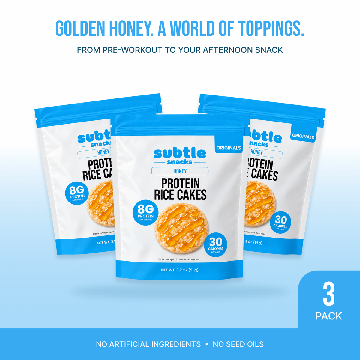 Subtle Snacks Honey Protein Rice Cake Originals, 3 pack of 3.2 oz bags