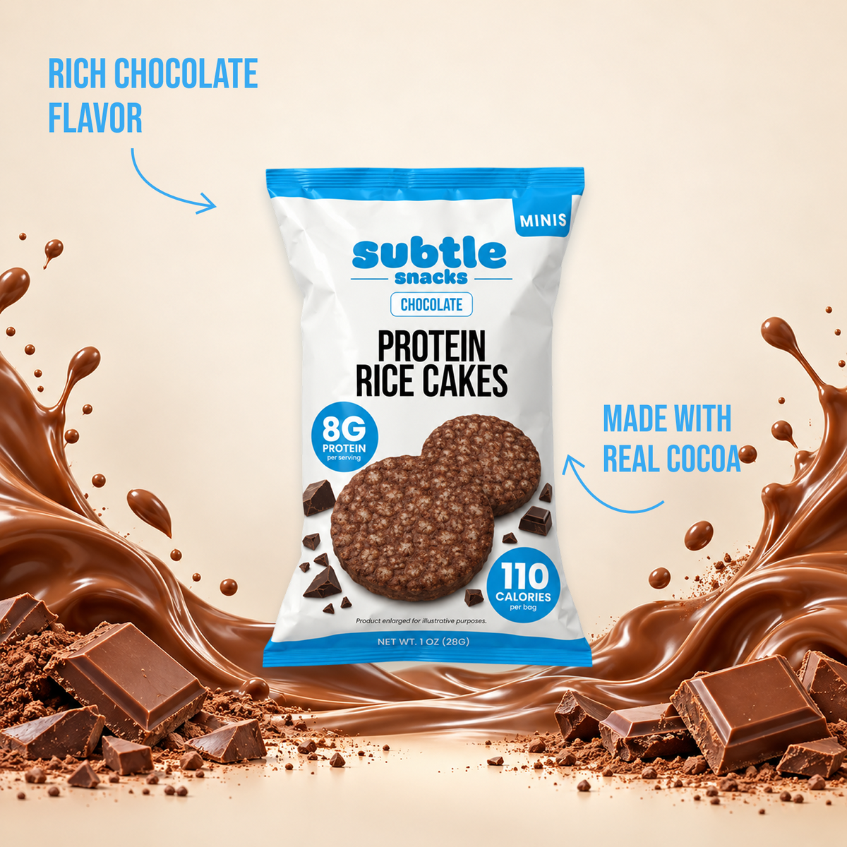 Subtle Snacks Chocolate Protein Rice Cake Minis snack bag with chocolate splash: rich chocolate flavor, made with real cocoa
