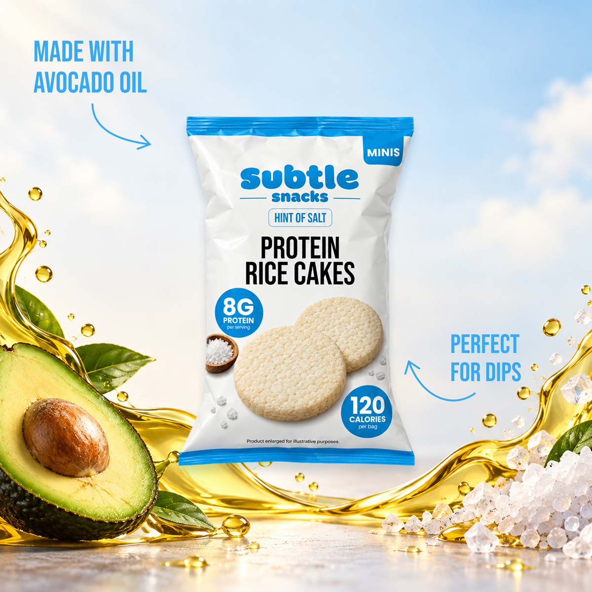 Subtle Snacks Hint of Salt Protein Rice Cake Minis snack bag with avocado and sea salt: made with avocado oil, perfect for dips