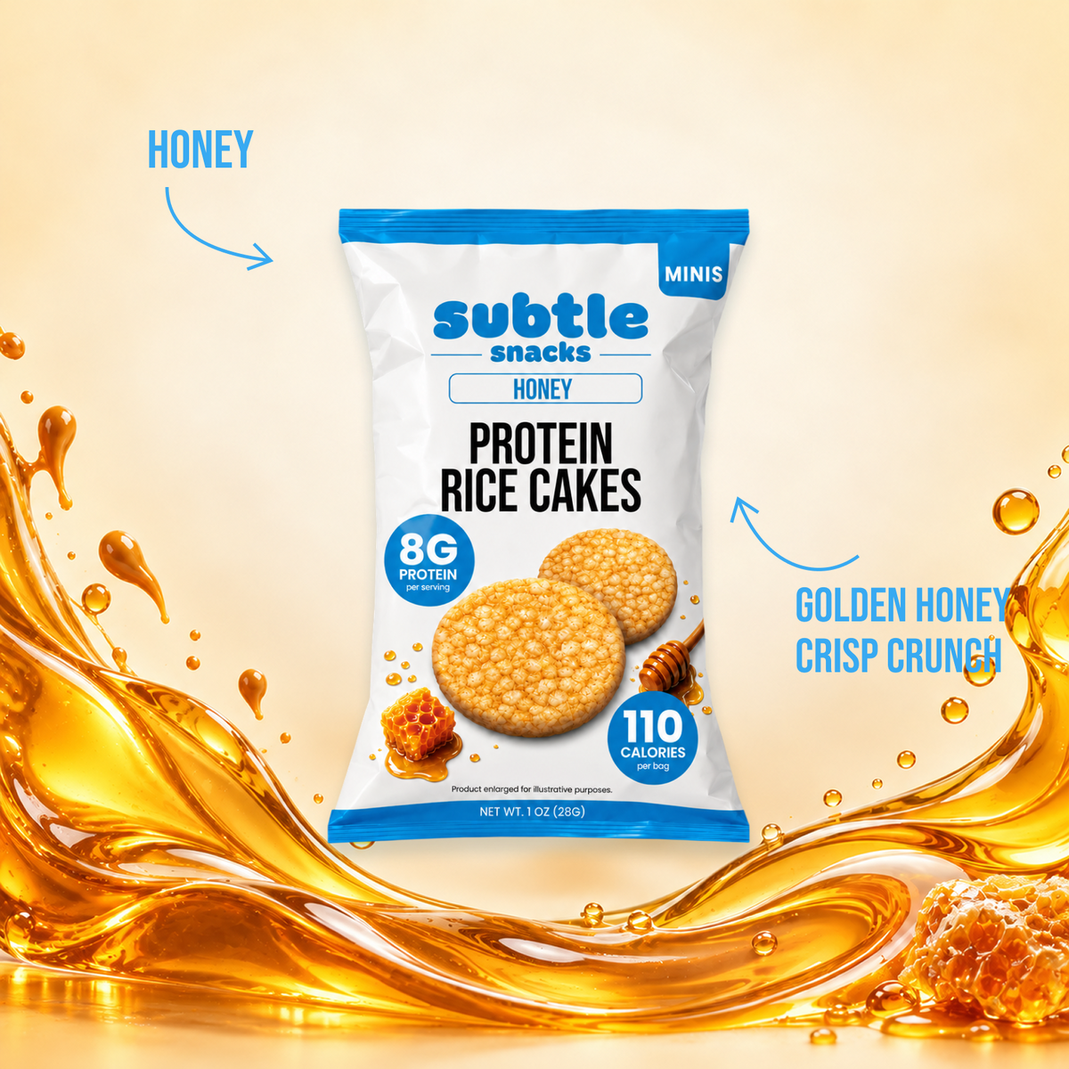 Subtle Snacks Honey Protein Rice Cake Minis snack bag with golden honey and crisp crunch