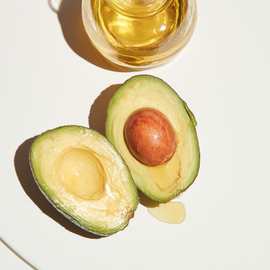 A halved avocado beside a small dish of avocado oil on a clean background.