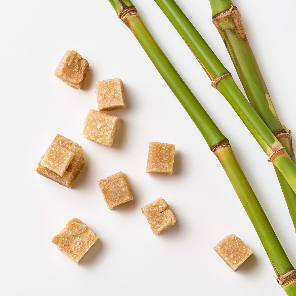 A small spoonful of raw cane sugar crystals on a clean background.