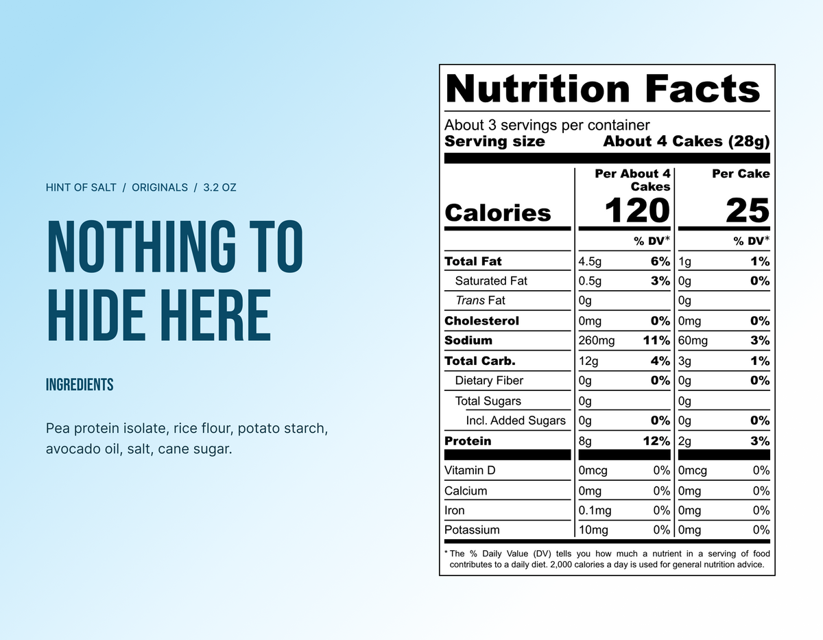 Subtle Snacks Hint of Salt Protein Rice Cake Originals 3.2 oz nutrition facts and ingredients